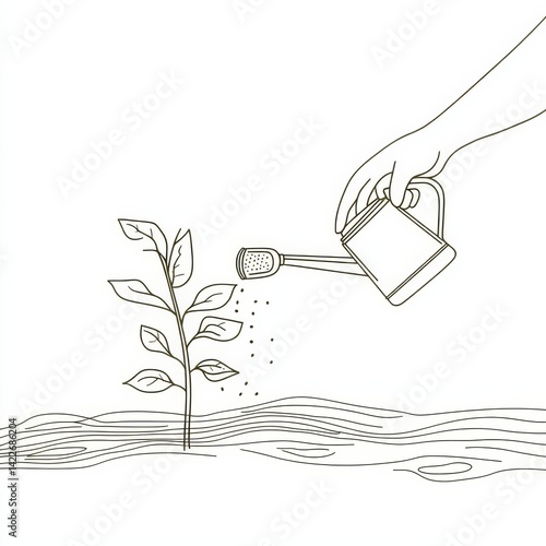 Obraz na płótnie Single continuous line drawing of a hand with a can watering a plant in the garden. w salonie
