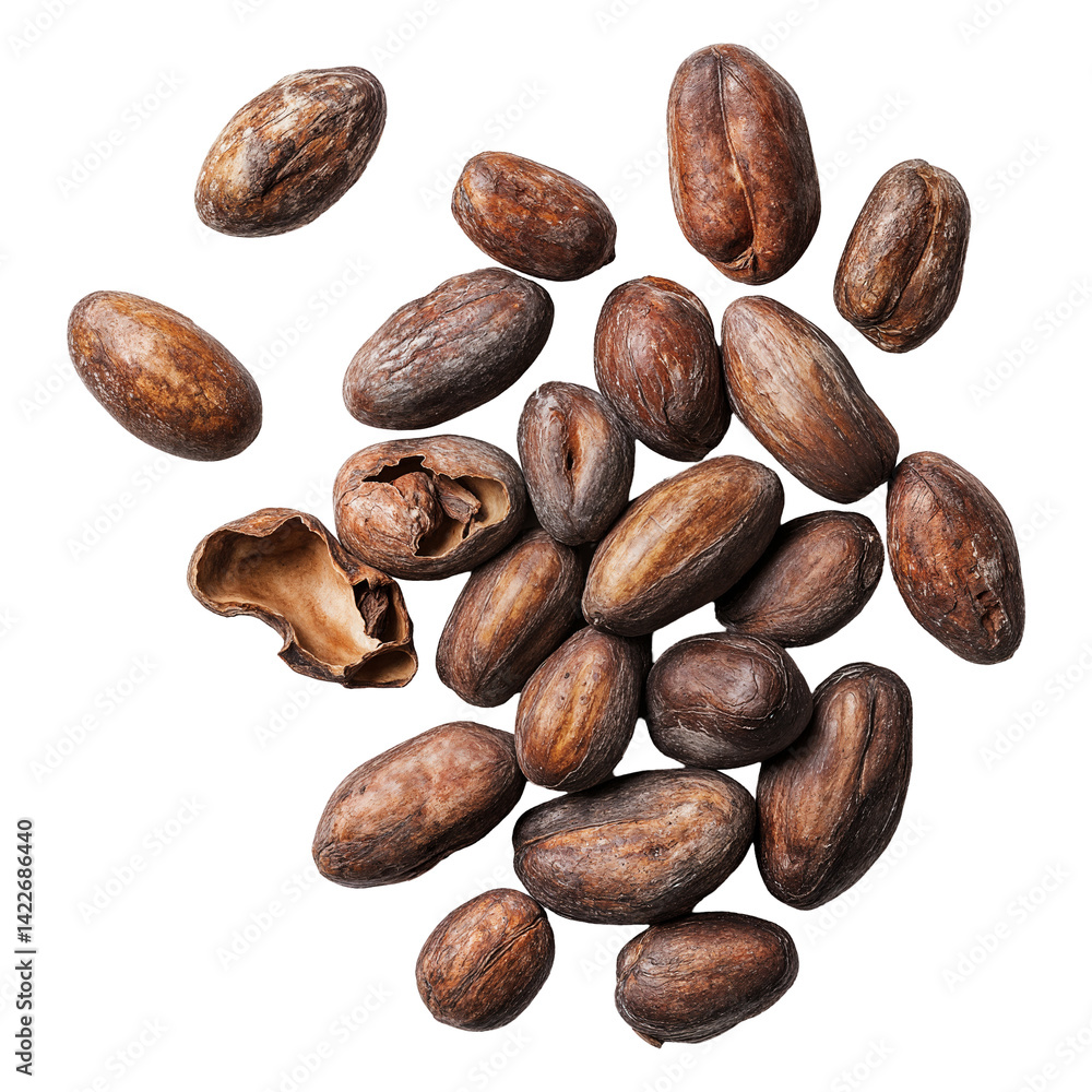 Obraz premium Falling cocoa beans with broken shells isolated on transparent background