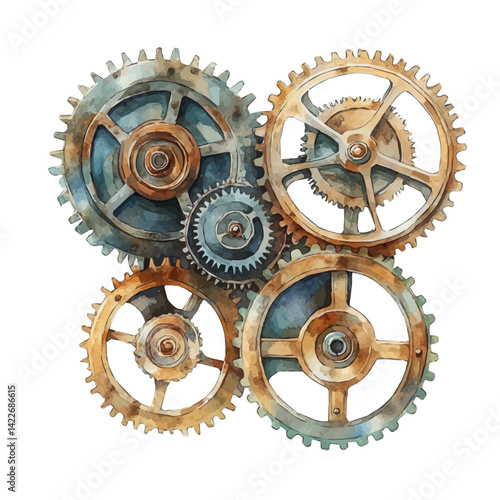 watercolor of Gear Mechanism With Rotating Cogs, vector, isolated on a white background.