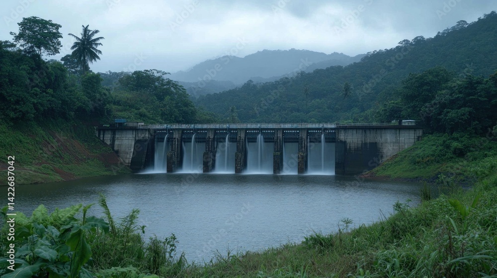 Cloudy day at a dam in a lush tropical valley. Cloudy day at a dam in a lush tropical valley.