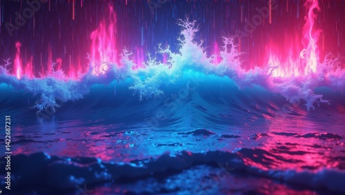 A vibrant digital artwork depicting ocean waves illuminated by neon pink and blue lights, creating a surreal and mesmerizing atmosphere. Generative, AI,