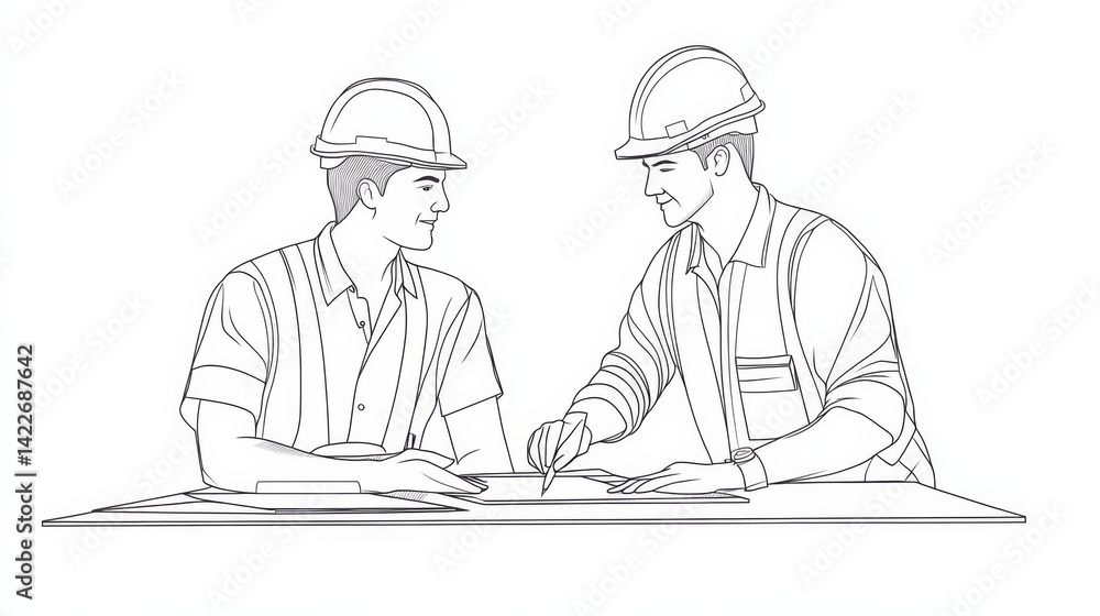 Single continuous line drawing of young construction manager giving instruction to builder coordinator at site meeting. Building architecture business concept. One line draw design vector
