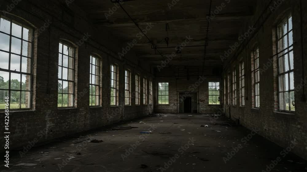 Abandoned Industrial Hall: A stark interior view of an old factory space, showcasing the interplay of light and shadow as sunlight streams through tall, rectangular windows. Abandoned Industrial Hall: A stark interior view of an old factory space, showcasing the interplay of light and shadow as sunlight streams through tall, rectangular windows.