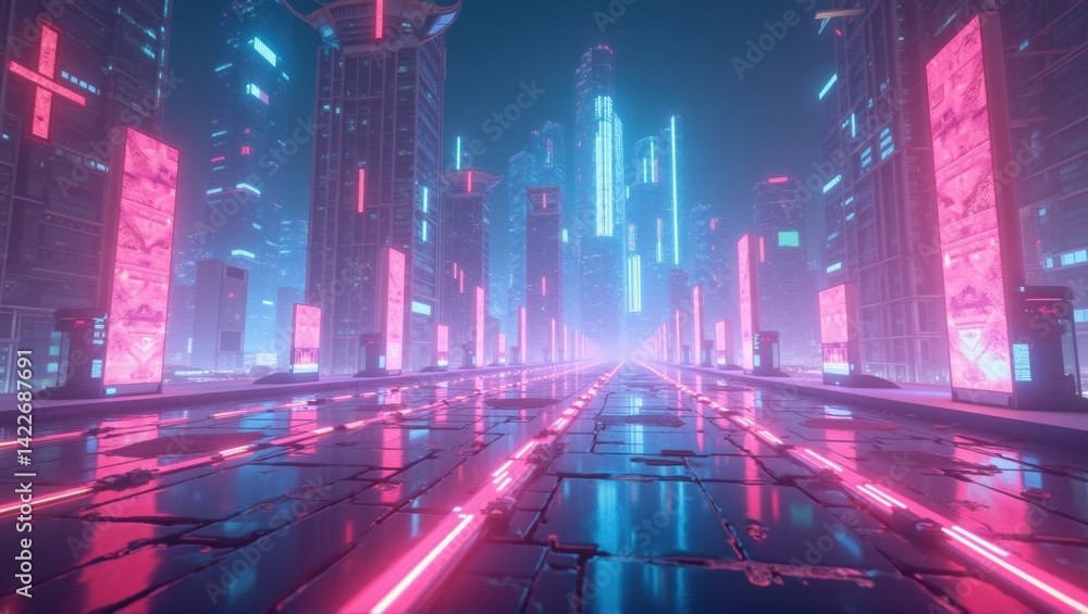 A futuristic cityscape with tall buildings illuminated by neon lights in pink and blue hues. The street is lined with glowing panels and reflective surfaces. Generative, AI, A futuristic cityscape with tall buildings illuminated by neon lights in pink and blue hues. The street is lined with glowing panels and reflective surfaces. Generative, AI,