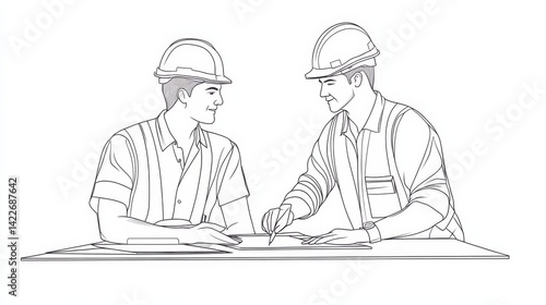 Obraz na płótnie Single continuous line drawing of young construction manager giving instruction to builder coordinator at site meeting. Building architecture business concept. One line draw design vector w salonie
