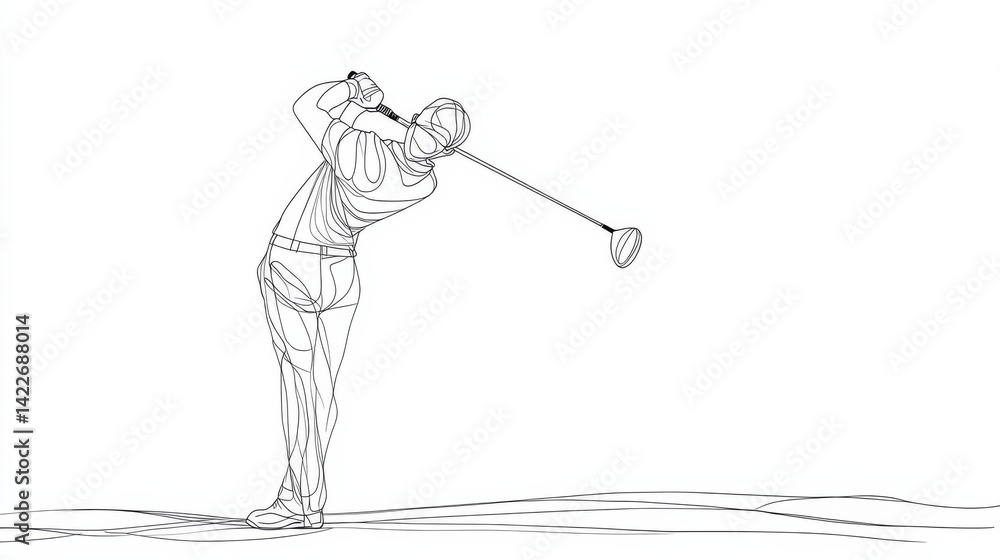 Single continuous line drawing of young happy golf player swing the golf club to hit the ball. Hobby sport concept. Trendy one line draw design vector illustration for golf tournament promotion media