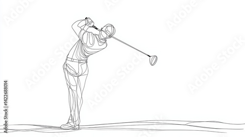 Obraz na płótnie Single continuous line drawing of young happy golf player swing the golf club to hit the ball. Hobby sport concept. Trendy one line draw design vector illustration for golf tournament promotion media w salonie