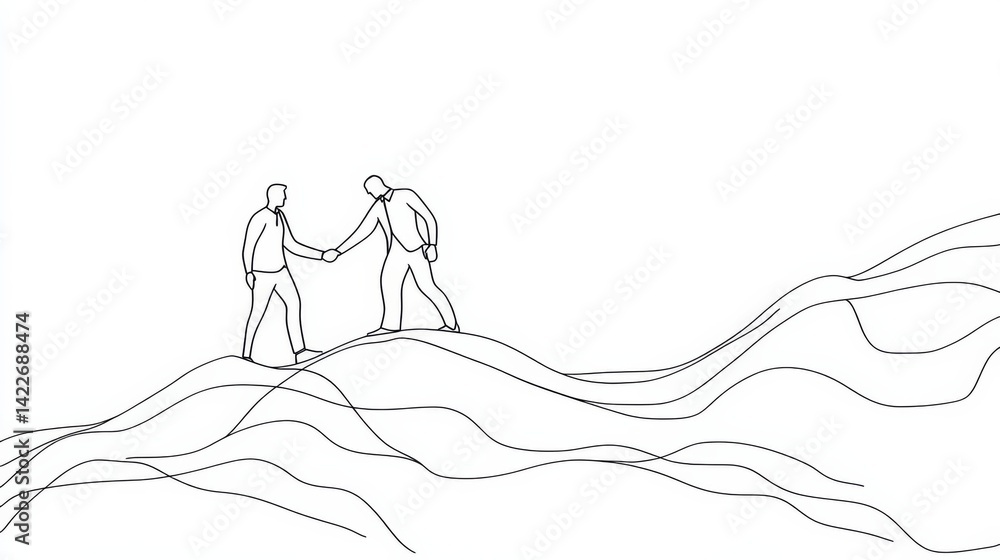 Single continuous line drawing of young happy muslim business man handshake his partner top view. Arab middle east businessmen with shmagh kandura robe cloth. One line draw design vector illustration