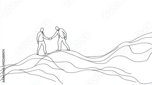 Obraz na płótnie Single continuous line drawing of young happy muslim business man handshake his partner top view. Arab middle east businessmen with shmagh kandura robe cloth. One line draw design vector illustration w salonie