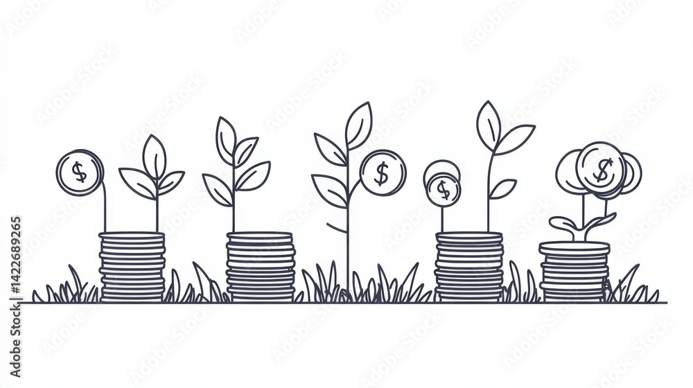 Single continuous line drawing step of coins stacks, money, saving and investment or family planning. Concept for return money saving and investment. One line draw graphic design vector illustration