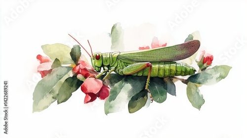 Insect resting on flowers, showcasing nature's intricate details. watercolor style. 
