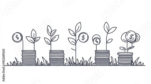 Single continuous line drawing step of coins stacks, money, saving and investment or family planning. Concept for return money saving and investment. One line draw graphic design vector illustration 