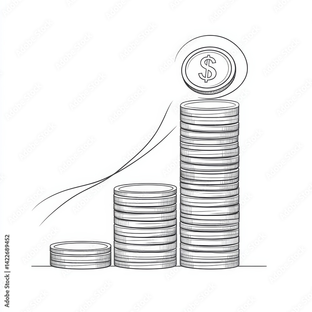 Single continuous line drawing step of coins stacks, money, saving and investment or family planning. Concept for return money saving and investment. One line draw graphic design vector illustration