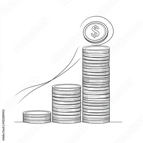 Obraz na płótnie Single continuous line drawing step of coins stacks, money, saving and investment or family planning. Concept for return money saving and investment. One line draw graphic design vector illustration w salonie