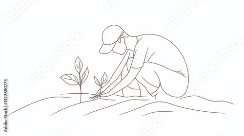 Single continuous line drawing young male farmer planting plant shoots in the ground. Start the planting period. Minimalism metaphor concept. Dynamic one line draw graphic design vector illustration 