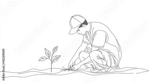 Obraz na płótnie Single continuous line drawing young male farmer planting plant shoots in the ground. Start the planting period. Minimalism metaphor concept. Dynamic one line draw graphic design vector illustration w salonie