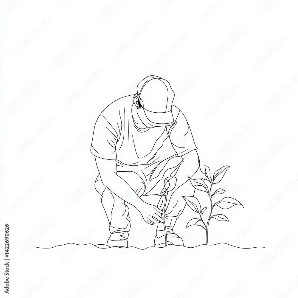 Single continuous line drawing young male farmer planting plant shoots in the ground. Start the planting period. Minimalism metaphor concept. Dynamic one line draw graphic design vector illustration