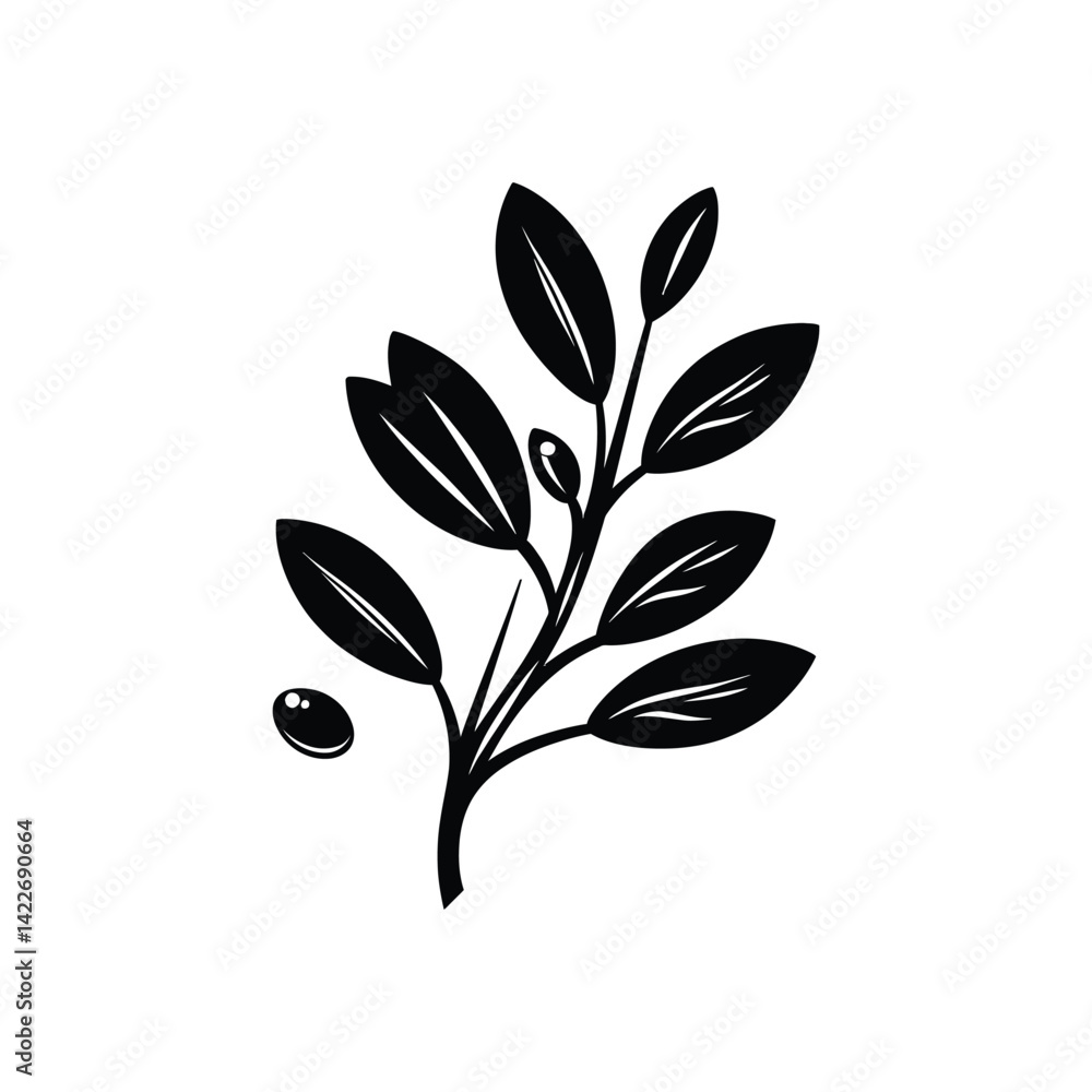 Obraz premium Branch with Leaves Silhouette on White Background, Olive Element Isolated
