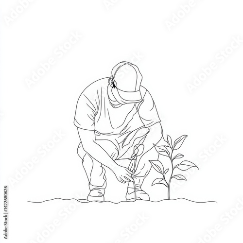 Obraz na płótnie Single continuous line drawing young male farmer planting plant shoots in the ground. Start the planting period. Minimalism metaphor concept. Dynamic one line draw graphic design vector illustration w salonie