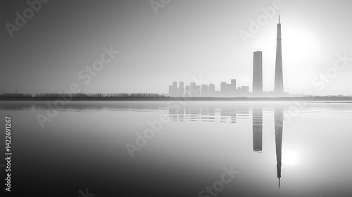 Serene Cityscape Reflection: A Monochromatic View of Modern Architecture at Dawn