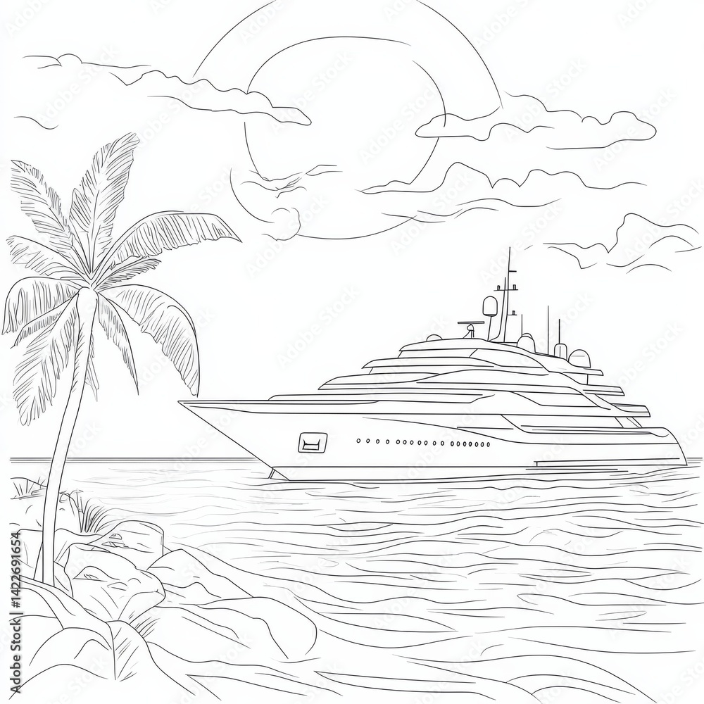 Single continuous one line art sunny ocean travel vacation. Sea voyage sunrise holiday tropical island ship yacht luxury journey sunset concept design sketch outline drawing vector illustration