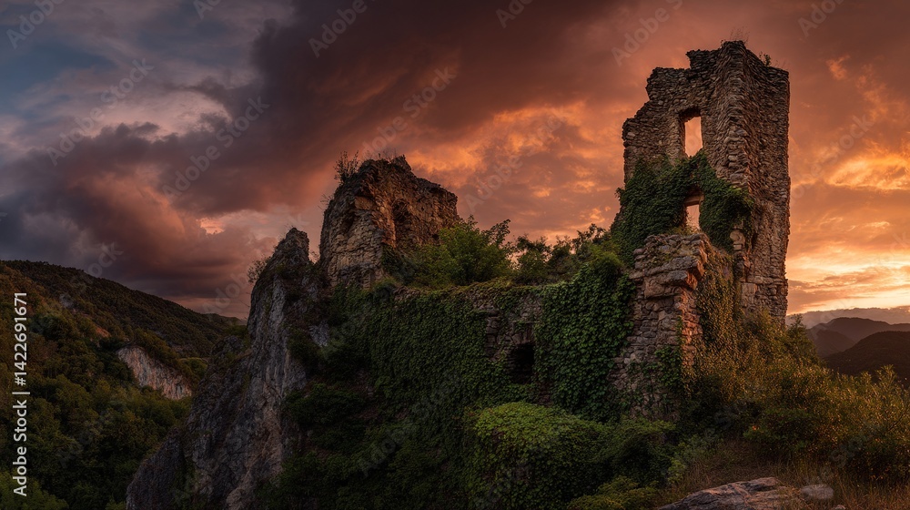 Obraz premium Overgrown stone ruins stand dramatically against a fiery sky, evoking history and nature's reclamation of the past.