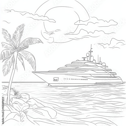 Obraz na płótnie Single continuous one line art sunny ocean travel vacation. Sea voyage sunrise holiday tropical island ship yacht luxury journey sunset concept design sketch outline drawing vector illustration w salonie