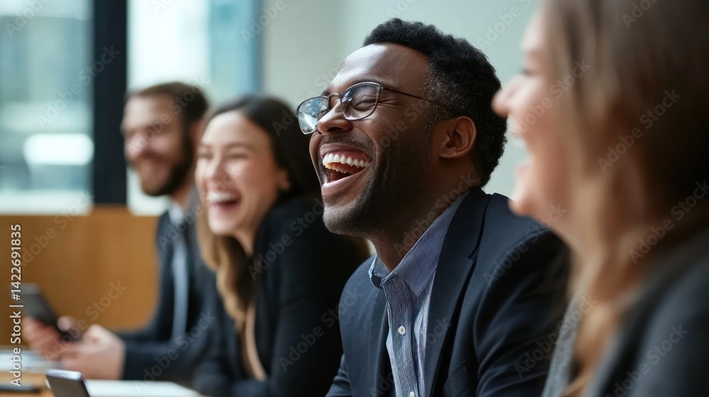 Obraz premium Jubilant diverse business team sharing a moment of laughter during a meeting