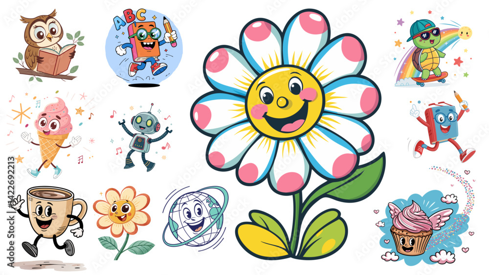 Cute Vector Cartoon Characters Set Featuring Happy Objects, Animals, and Flowers with Playful Expressions Cute Vector Cartoon Characters Set Featuring Happy Objects, Animals, and Flowers with Playful Expressions