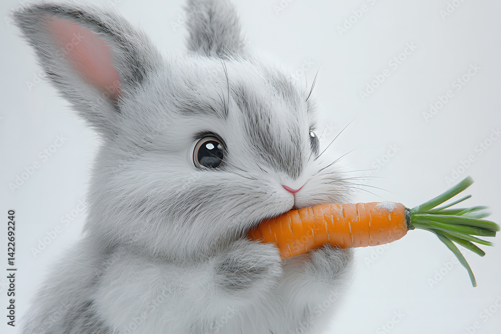 Side view of fluffy white cartoon rabbit nibbling on bright orange carrot its eyes expressing its cuteness, shot on white background perfect for children animal art, spring theme, sweet illustrations.