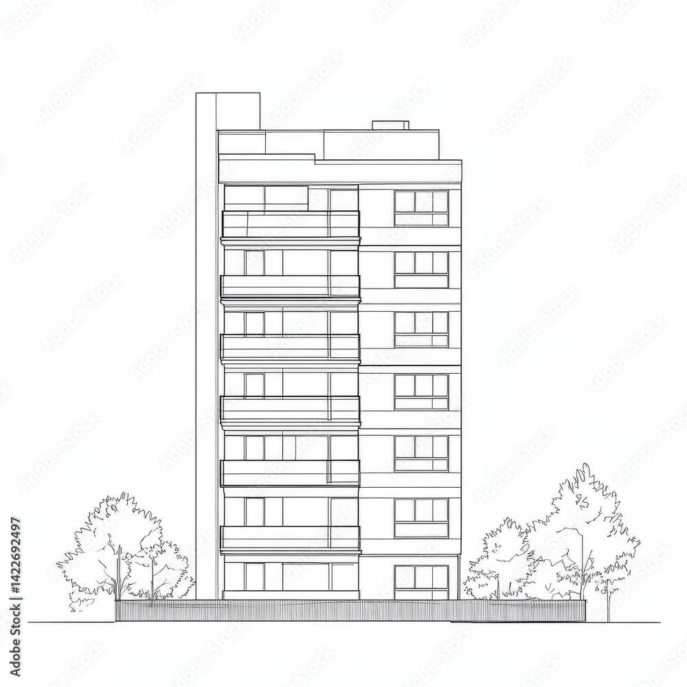 Single continuous line drawing of an apartment building in a modern city, showcasing home architecture and property design.