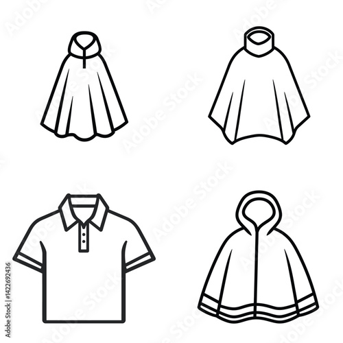 Clothes Line Art Icon Set, Outline Polo Shirt and Various Poncho Styles, Transparent