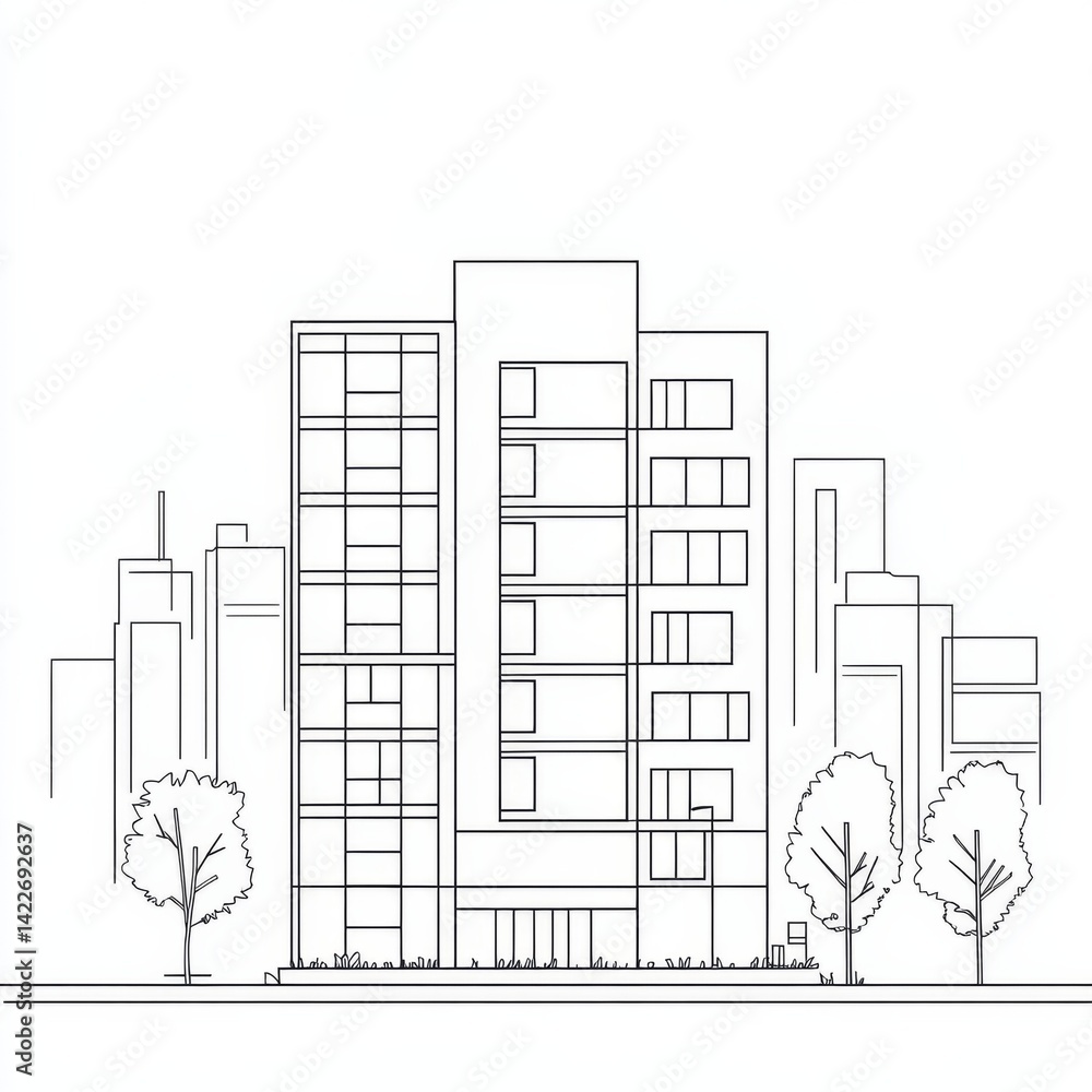 Single continuous line drawing of an apartment building in a modern city, showcasing home architecture and property design.