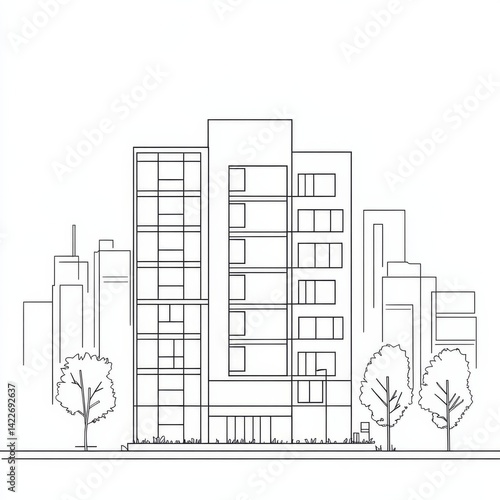 Obraz na płótnie Single continuous line drawing of an apartment building in a modern city, showcasing home architecture and property design. w salonie