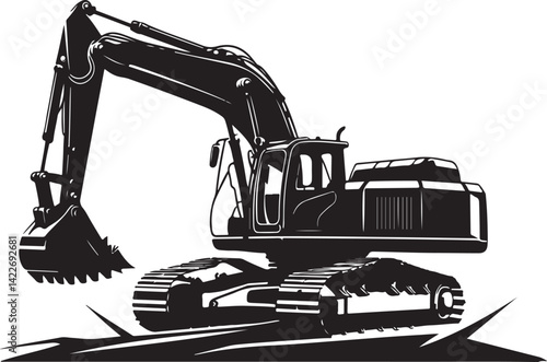 Tracked Excavator Vector Art – Monochrome Earthmoving Vehicle
