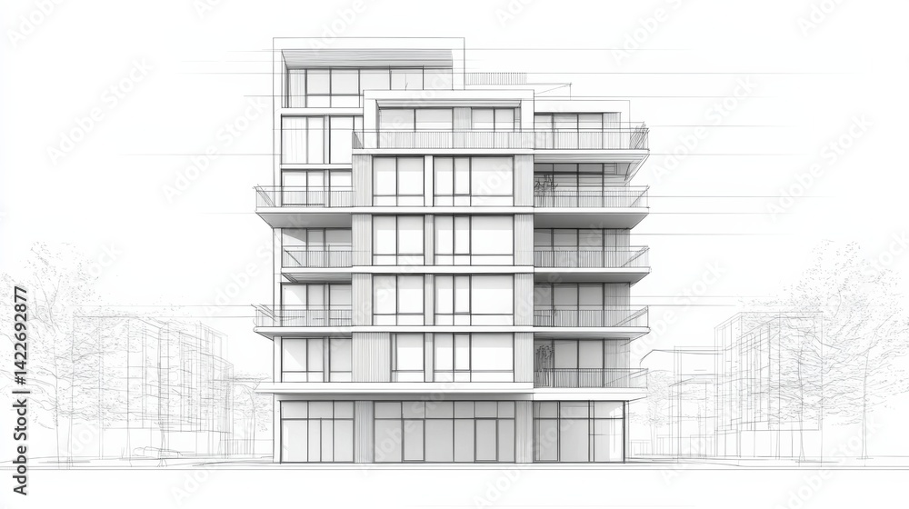 Single continuous line drawing of an apartment building in a modern city, showcasing home architecture and property design.