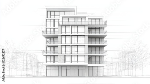 Obraz na płótnie Single continuous line drawing of an apartment building in a modern city, showcasing home architecture and property design. w salonie