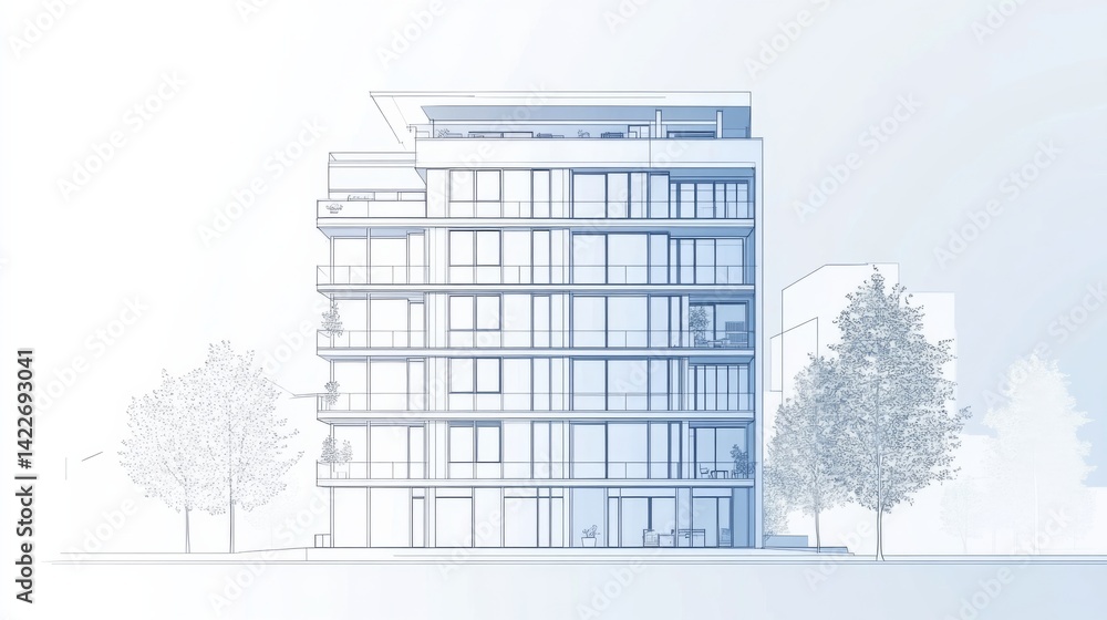 Single continuous line drawing of an apartment building in a modern city, showcasing home architecture and property design.