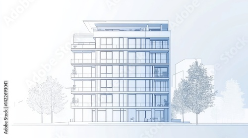Obraz na płótnie Single continuous line drawing of an apartment building in a modern city, showcasing home architecture and property design. w salonie