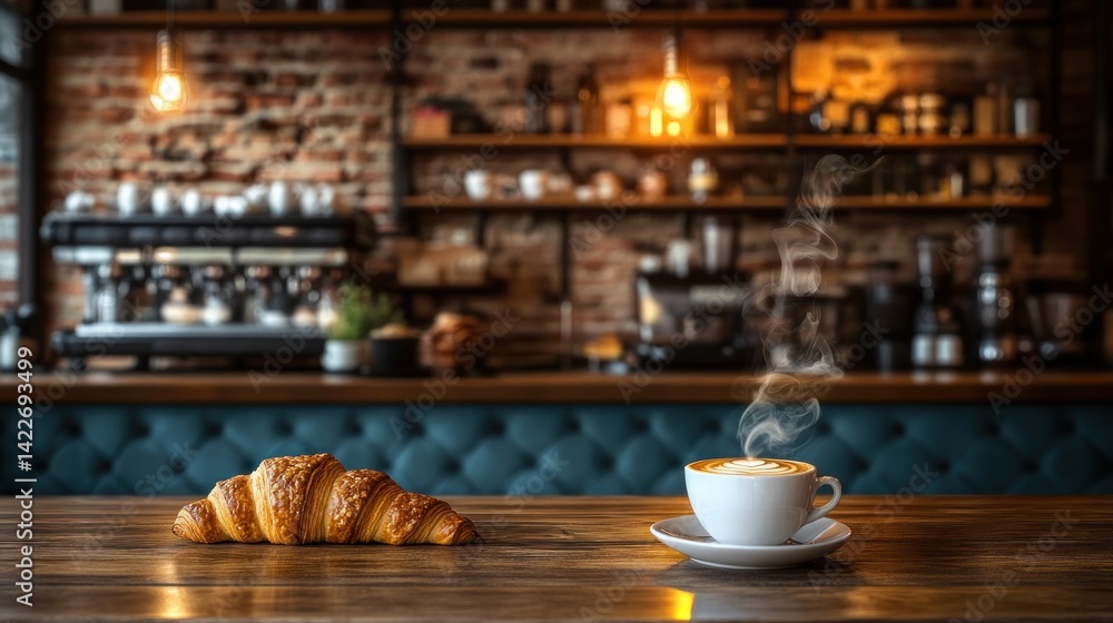 Fototapeta premium Steaming coffee, croissant, cafe backdrop