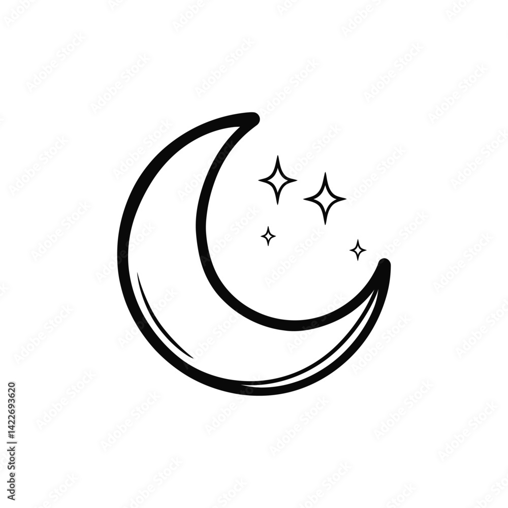 Crescent Moon and Stars Outline, Celestial with Transparent Background Crescent Moon and Stars Outline, Celestial with Transparent Background