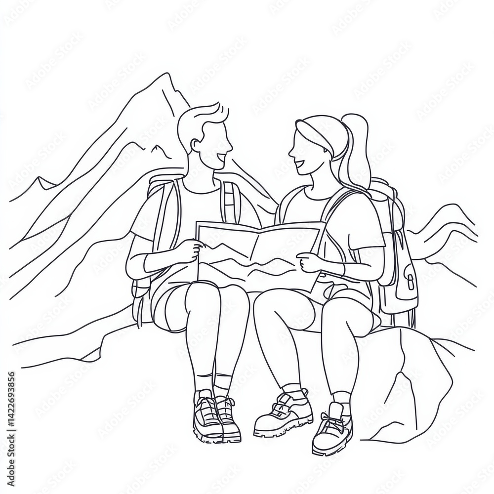Single one line drawing smiling couple planning the route and looking at the map. Travel, vacation, holidays and adventure. Mountain landscape. Continuous line draw design graphic vector illustration