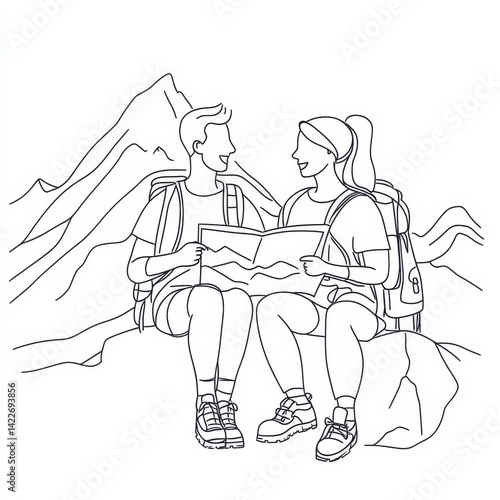 Obraz na płótnie Single one line drawing smiling couple planning the route and looking at the map. Travel, vacation, holidays and adventure. Mountain landscape. Continuous line draw design graphic vector illustration w salonie