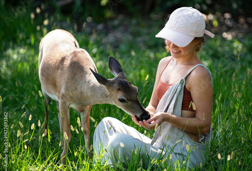 Photography Woman feed fawn deer