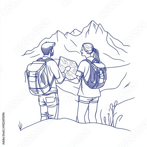 Single one line drawing smiling couple planning the route and looking at the map. Travel, vacation, holidays and adventure. Mountain landscape. Continuous line draw design graphic vector illustration 