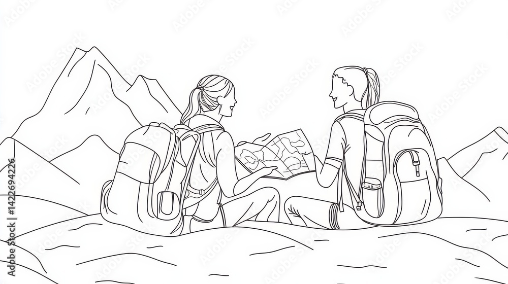 Single one line drawing smiling couple planning the route and looking at the map. Travel, vacation, holidays and adventure. Mountain landscape. Continuous line draw design graphic vector illustration