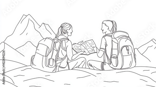 Obraz na płótnie Single one line drawing smiling couple planning the route and looking at the map. Travel, vacation, holidays and adventure. Mountain landscape. Continuous line draw design graphic vector illustration w salonie
