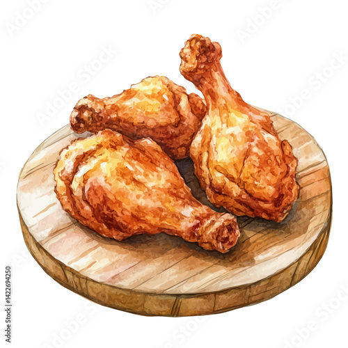Fried Chicken Served On A Wooden Board, vector watercolor illustration, isolated on a white background.