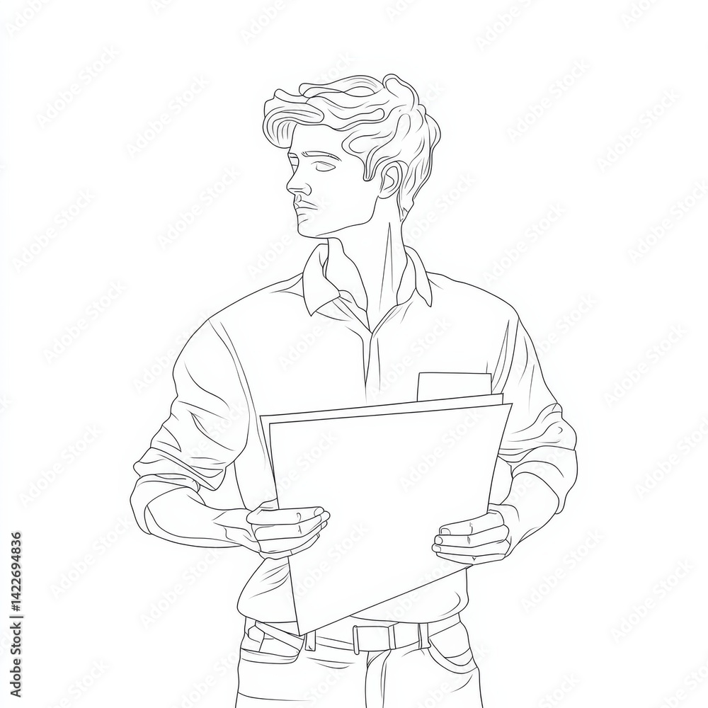 Single one line drawing young male architect cross arm on chest hold blueprint paper.