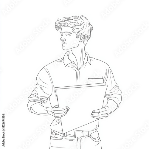 Obraz na płótnie Single one line drawing young male architect cross arm on chest hold blueprint paper. w salonie